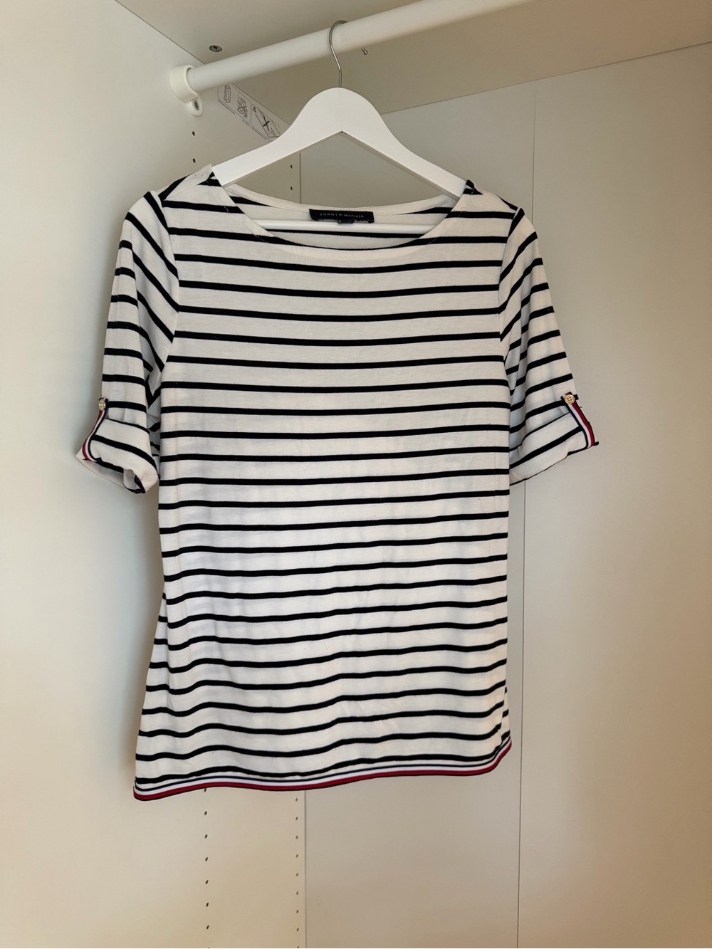Tommy Hilfiger Black and White Striped Short Sleeve Tee with Red Trim